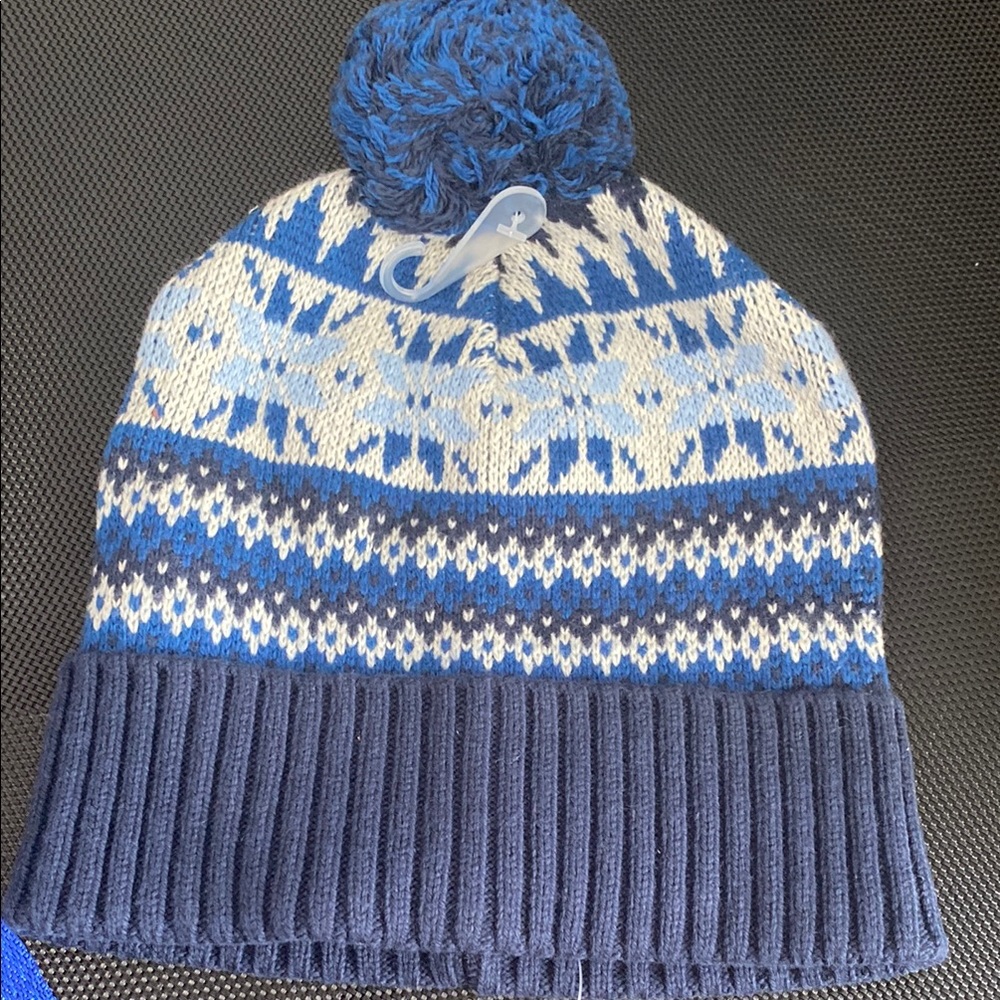 Crewcuts Blue and White Knit Pom-Pom Beanie